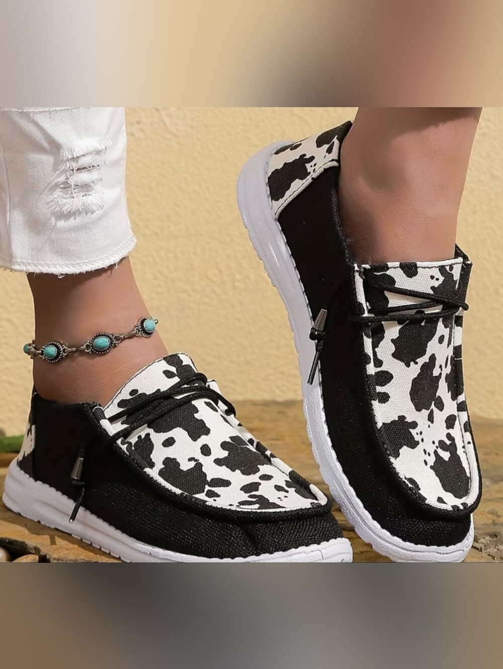 BRAND NEW Women’s Cowhide-Print Black & White Slip-On Moccasins
